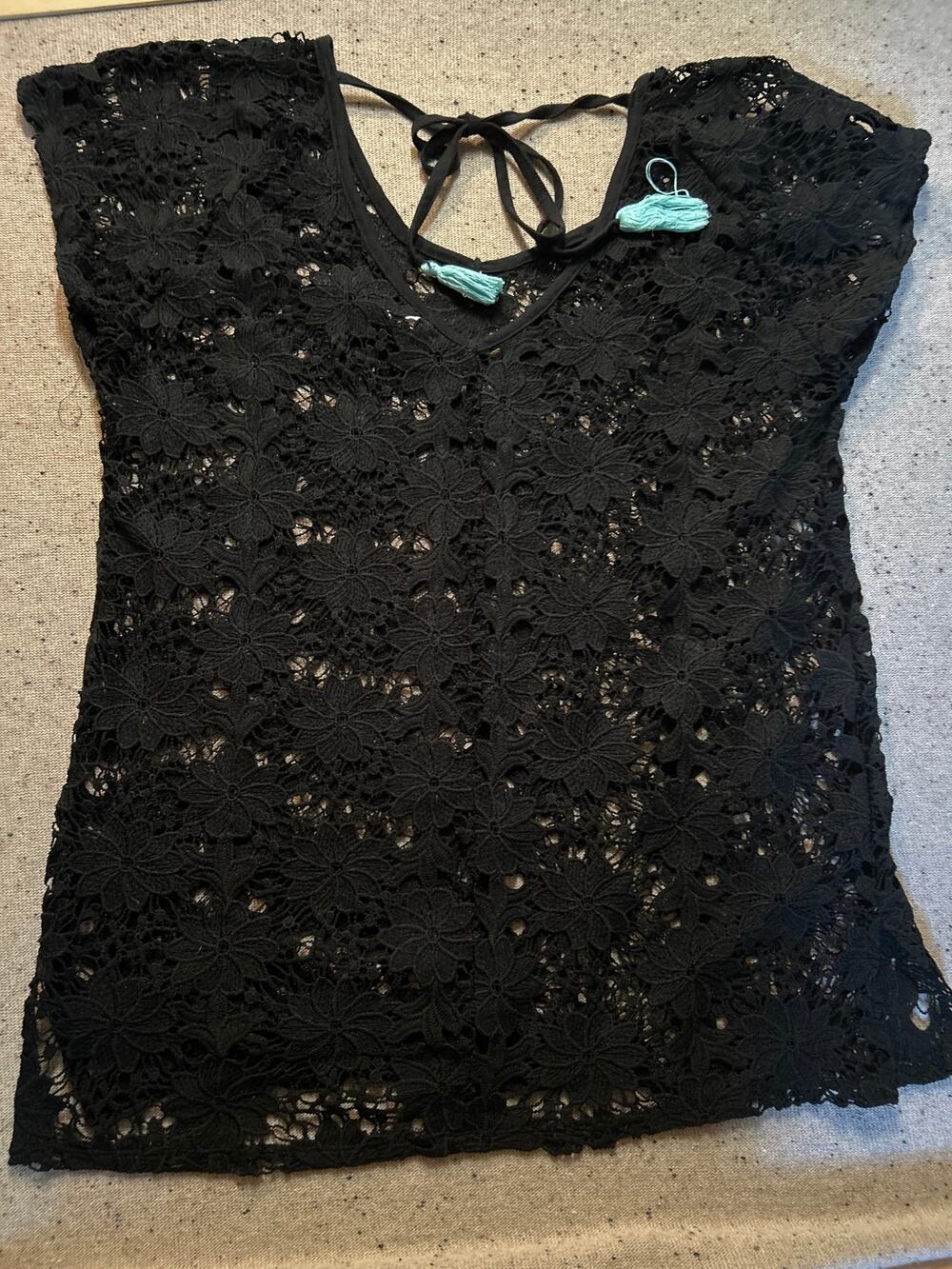 Open Knit Crochet Cover Up Tunic Black Large Xhilaration Y2K Style Festival Boho